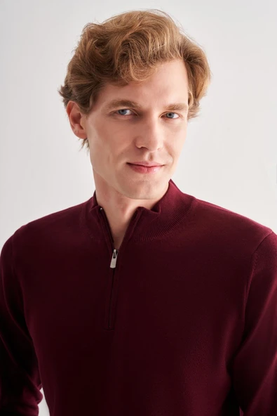 Bordo Fermuarlı Dik Yaka Uzun Kol Cepsiz Comfort Fit Classic Pamuklu Triko Kazak 1012255201 - 4