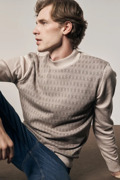 Bej Yarım Balıkçı Yaka Uzun Kol Cepsiz Comfort Fit Pamuklu Triko Kazak 1012255219 - 7