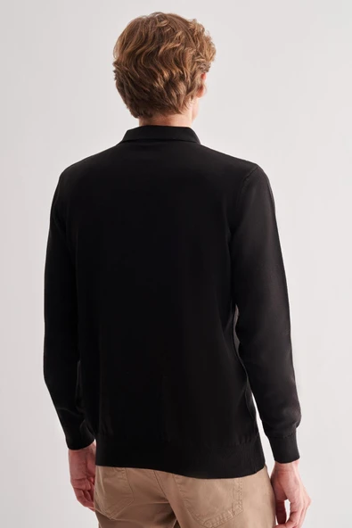 Siyah Polo Yaka Uzun Kol Cepsiz Comfort Fit Pamuklu Triko Kazak 1012255214 - 5