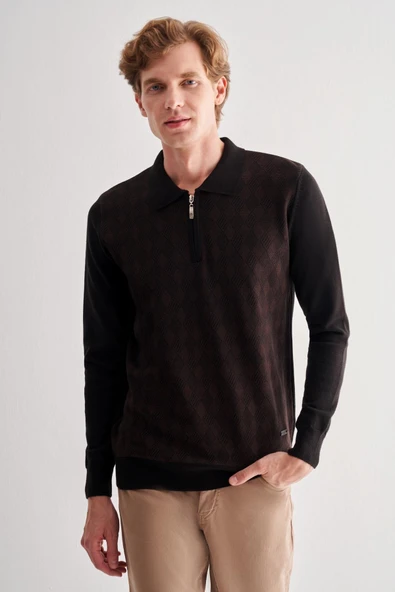 Siyah Fermuarlı Polo Yaka Uzun Kol Cepsiz Comfort Fit Pamuklu Triko Kazak 1012255223