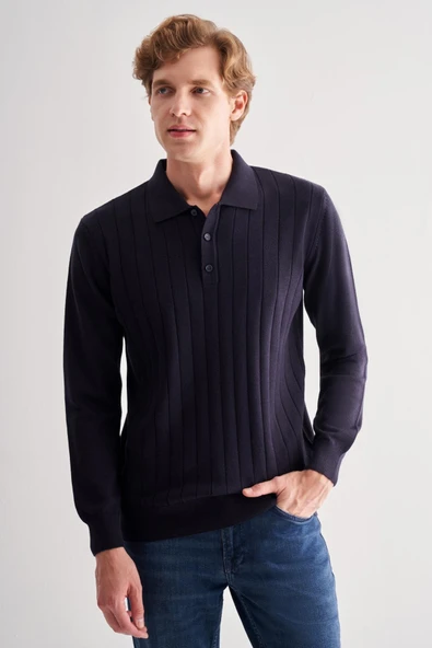 Koyu Lacivert Polo Yaka Uzun Kol Cepsiz Comfort Fit Pamuklu Triko Kazak 1012255214 - 2