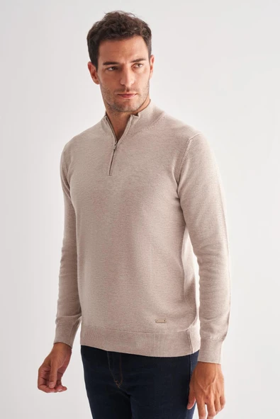 Açık Bej Fermuarlı Dik Yaka Uzun Kol Cepsiz Comfort Fit Classic Pamuklu Triko Kazak 1012255201 - 3