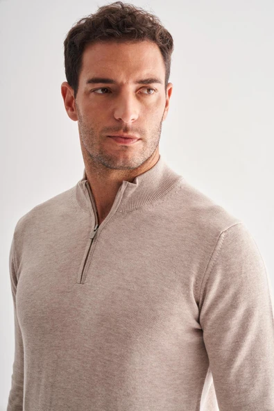 Açık Bej Fermuarlı Dik Yaka Uzun Kol Cepsiz Comfort Fit Classic Pamuklu Triko Kazak 1012255201 - 4