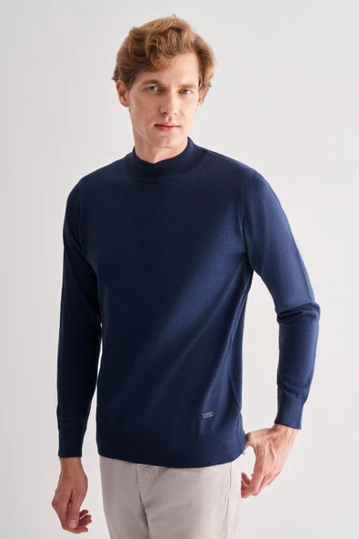 İndigo Mavi Yarım Balıkçı Yaka Cepsiz Comfort Fit Classic Pamuklu Triko Kazak 1012255001 - 3