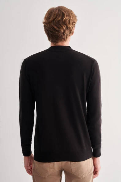 Siyah Fermuarlı Dik Yaka Uzun Kol Cepsiz Comfort Fit Classic Pamuklu Triko Kazak 1012255201 - 5