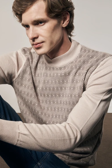 Bej Yarım Balıkçı Yaka Uzun Kol Cepsiz Comfort Fit Pamuklu Triko Kazak 1012255219 - 6