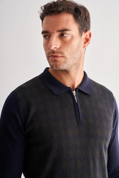 Koyu Lacivert Fermuarlı Polo Yaka Uzun Kol Cepsiz Comfort Fit Pamuklu Triko Kazak 1012255223 - 4