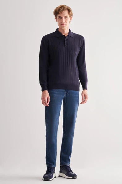 Koyu Lacivert Polo Yaka Uzun Kol Cepsiz Comfort Fit Pamuklu Triko Kazak 1012255214 - 1