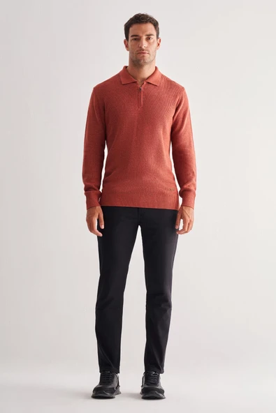 Kiremit Fermuarlı Polo Yaka Uzun Kol Cepsiz Comfort Fit Casual Pamuklu Triko Kazak 1012255202 - 2