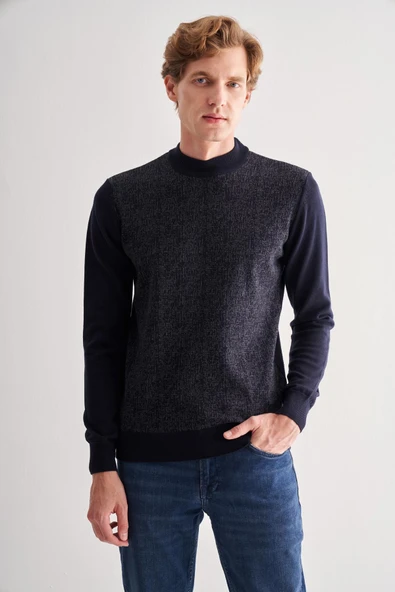 Koyu Lacivert Yarım Balıkçı Yaka Uzun Kol Cepsiz Comfort Fit Pamuklu Triko Kazak 1012255215 ürün görseli 1