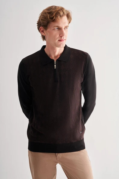 Siyah Fermuarlı Polo Yaka Uzun Kol Cepsiz Comfort Fit Pamuklu Triko Kazak 1012255223 - 3