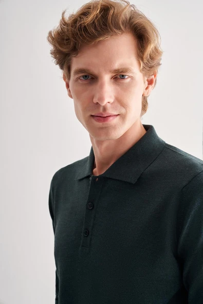 Koyu Yeşil Polo Yaka Cepsiz Comfort Fit Classic Pamuklu Triko Kazak 1012255007 - 4