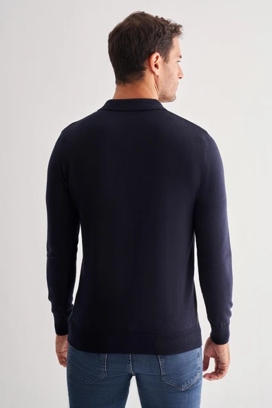 Koyu Lacivert Fermuarlı Polo Yaka Uzun Kol Cepsiz Comfort Fit Pamuklu Triko Kazak 1012255223 - 5