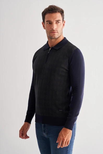 Koyu Lacivert Fermuarlı Polo Yaka Uzun Kol Cepsiz Comfort Fit Pamuklu Triko Kazak 1012255223 - 3