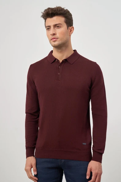 Bordo Uzun Kol Düz Örme Polo Yaka Classic Comfort Fit Triko 1012245007 - 3