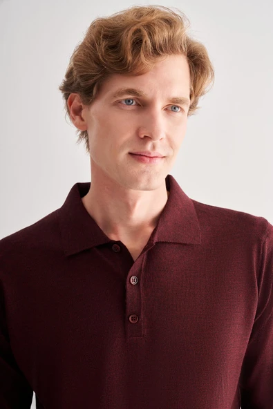 Bordo Polo Yaka Cepsiz Comfort Fit Classic Pamuklu Triko Kazak 1012255007 - 7