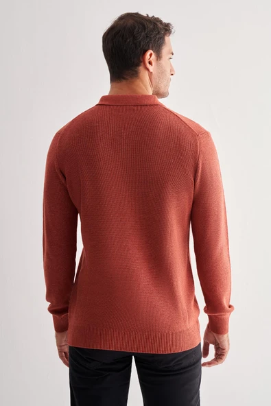 Kiremit Fermuarlı Polo Yaka Uzun Kol Cepsiz Comfort Fit Casual Pamuklu Triko Kazak 1012255202 - 5