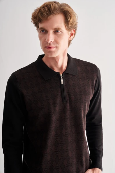 Siyah Fermuarlı Polo Yaka Uzun Kol Cepsiz Comfort Fit Pamuklu Triko Kazak 1012255223 - 4