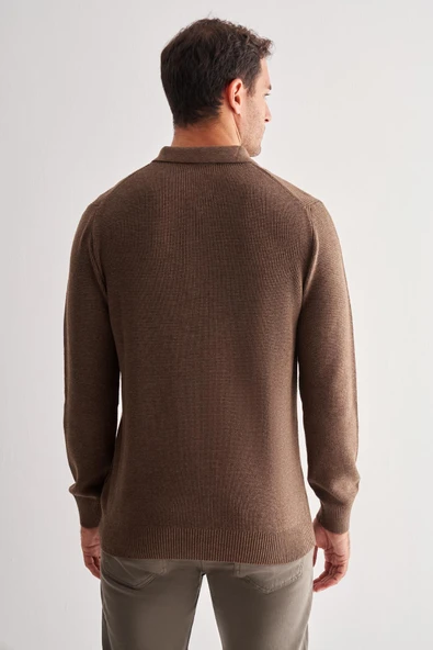 Kahverengi Fermuarlı Polo Yaka Uzun Kol Cepsiz Comfort Fit Casual Pamuklu Triko Kazak 1012255202 - 5