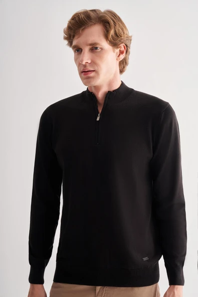 Siyah Fermuarlı Dik Yaka Uzun Kol Cepsiz Comfort Fit Classic Pamuklu Triko Kazak 1012255201 - 3