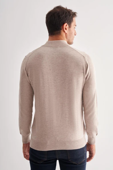 Açık Bej Fermuarlı Dik Yaka Uzun Kol Cepsiz Comfort Fit Classic Pamuklu Triko Kazak 1012255201 - 5