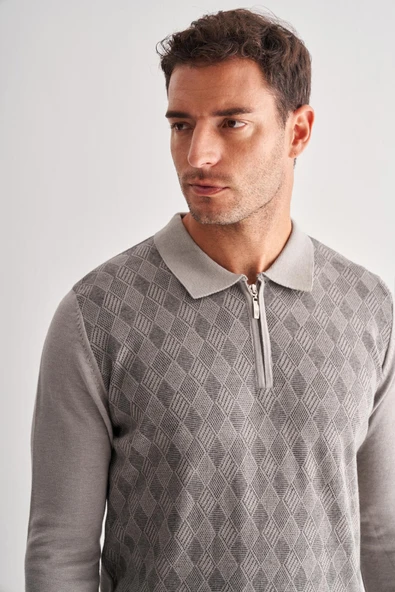 Açık Gri Fermuarlı Polo Yaka Uzun Kol Cepsiz Comfort Fit Pamuklu Triko Kazak 1012255223 - 4