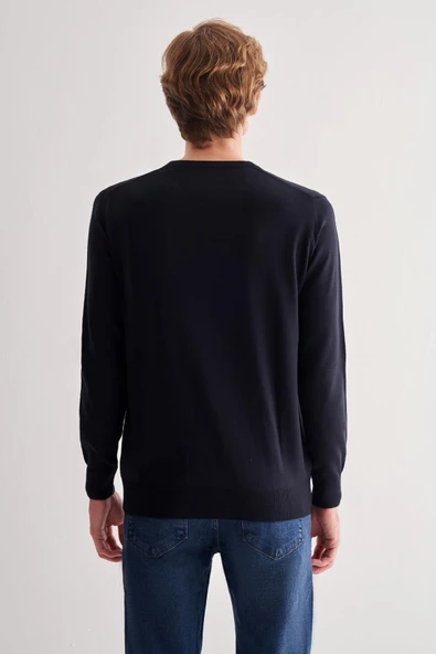 Koyu Lacivert V Yaka Uzun Kol Cepsiz Comfort Fit Classic Yünlü Triko Kazak 1012255002 - 5