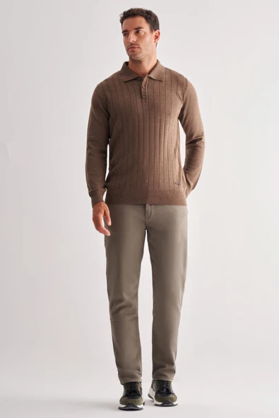 Açık Kahverengi Polo Yaka Uzun Kol Cepsiz Comfort Fit Pamuklu Triko Kazak 1012255214 - 2
