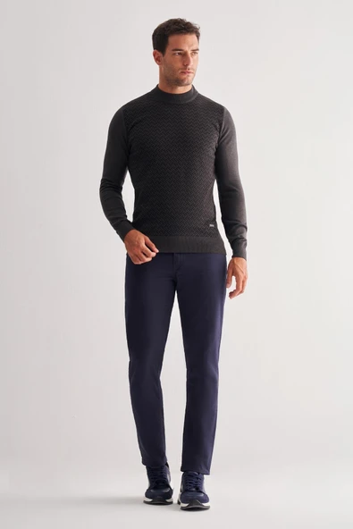 Koyu Antrasit Yarım Balıkçı Yaka Uzun Kol Cepsiz Comfort Fit Pamuklu Triko Kazak 1012255222 - Resim 2