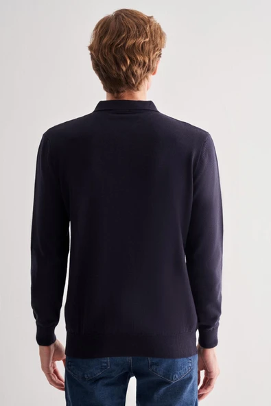 Koyu Lacivert Polo Yaka Uzun Kol Cepsiz Comfort Fit Pamuklu Triko Kazak 1012255214 - 5
