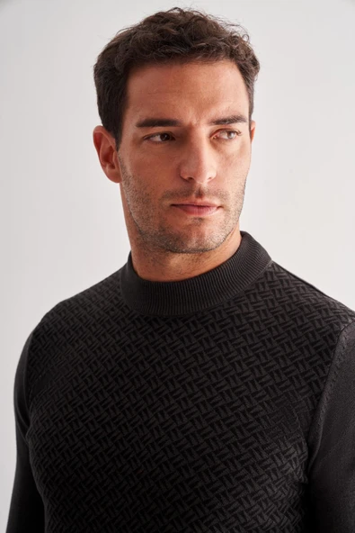 Koyu Antrasit Yarım Balıkçı Yaka Uzun Kol Cepsiz Comfort Fit Pamuklu Triko Kazak 1012255222 - Resim 4