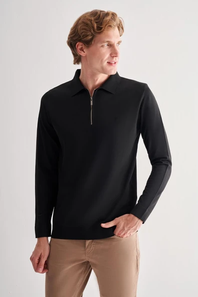 Siyah Uzun Kol Fermuarlı Yaka Cepsiz  Slim Fit  Triko 1012255150 - 3