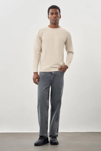 Taş Rengi Uzun Kollu Örme Bisiklet Yaka Pamuklu Slim Fit Dar Kesim Triko 1012245151 - Resim 2