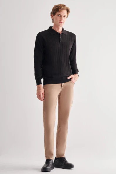 Siyah Polo Yaka Uzun Kol Cepsiz Comfort Fit Pamuklu Triko Kazak 1012255214 - 2