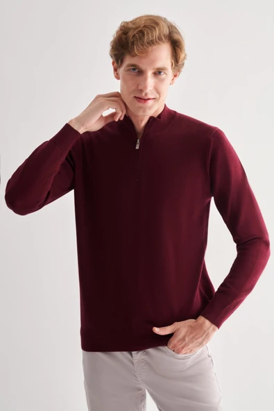 Bordo Fermuarlı Dik Yaka Uzun Kol Cepsiz Comfort Fit Classic Pamuklu Triko Kazak 1012255201 - 3