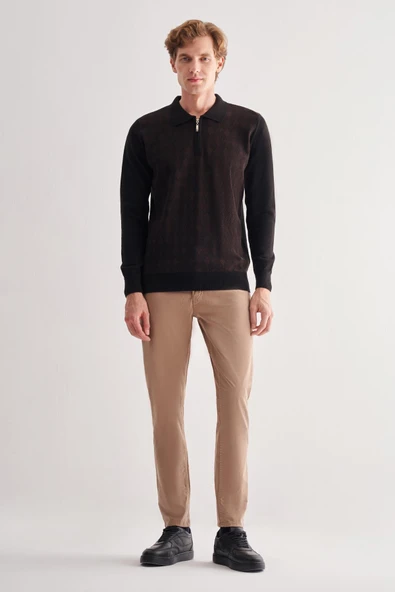 Siyah Fermuarlı Polo Yaka Uzun Kol Cepsiz Comfort Fit Pamuklu Triko Kazak 1012255223 - 2