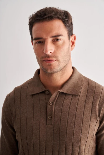 Açık Kahverengi Polo Yaka Uzun Kol Cepsiz Comfort Fit Pamuklu Triko Kazak 1012255214 - 4