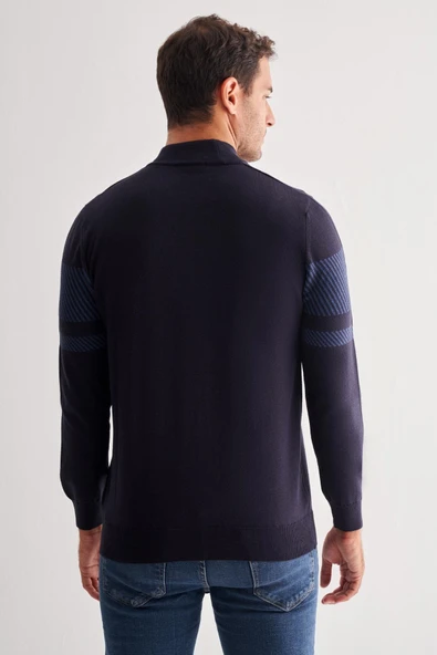 Koyu Lacivert Yarım Balıkçı Yaka Uzun Kol Cepsiz Comfort Fit Pamuklu Triko Kazak 1012255213 - Resim 5