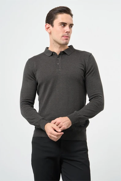 Koyu Antrasit Uzun Kol Düz Örme Polo Yaka Classic Comfort Fit Triko 1012245007 ürün görseli 1