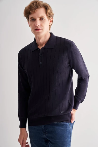 Koyu Lacivert Polo Yaka Uzun Kol Cepsiz Comfort Fit Pamuklu Triko Kazak 1012255214 - 3