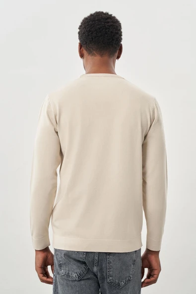 Taş Rengi Uzun Kollu Örme Bisiklet Yaka Pamuklu Slim Fit Dar Kesim Triko 1012245151 - Resim 5