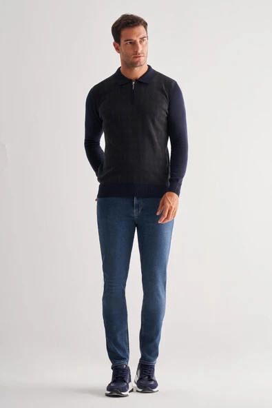 Koyu Lacivert Fermuarlı Polo Yaka Uzun Kol Cepsiz Comfort Fit Pamuklu Triko Kazak 1012255223 - 2