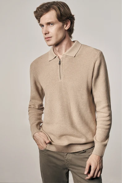 Koyu Bej Fermuarlı Polo Yaka Uzun Kol Cepsiz Comfort Fit Casual Pamuklu Triko Kazak 1012255202 - 2