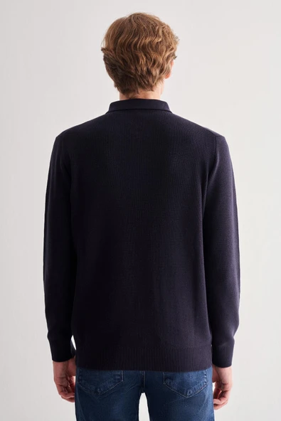 Koyu Lacivert Fermuarlı Polo Yaka Uzun Kol Cepsiz Comfort Fit Casual Pamuklu Triko Kazak 1012255202 - 5