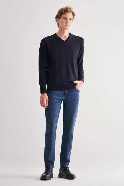 Koyu Lacivert V Yaka Uzun Kol Cepsiz Comfort Fit Classic Yünlü Triko Kazak 1012255002 - 2