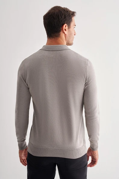Açık Gri Fermuarlı Polo Yaka Uzun Kol Cepsiz Comfort Fit Pamuklu Triko Kazak 1012255223 - 5