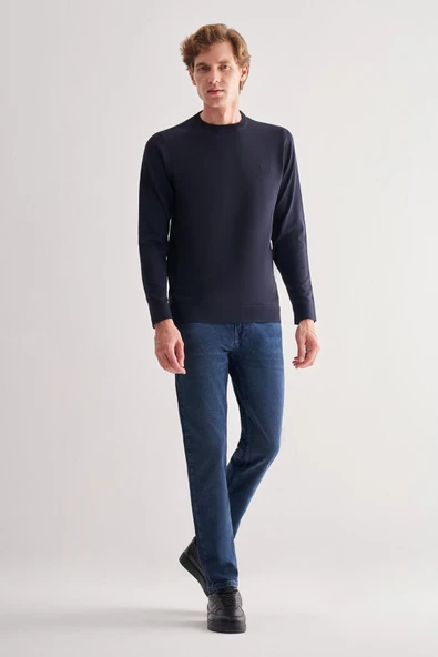 Lacivert Uzun Kol Bisiklet Yaka Cepsiz  Slim Fit  Triko 1012255151 - Resim 2