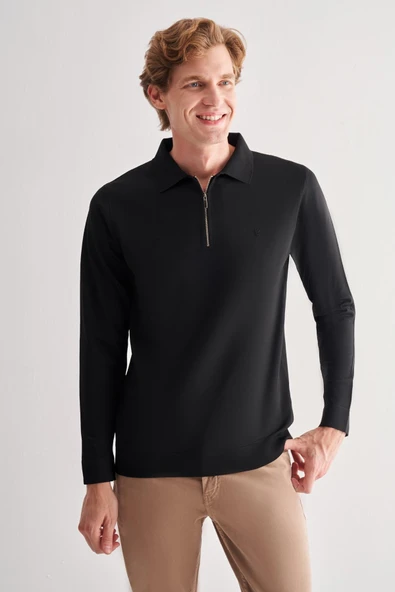Siyah Uzun Kol Fermuarlı Yaka Cepsiz  Slim Fit  Triko 1012255150 - 2