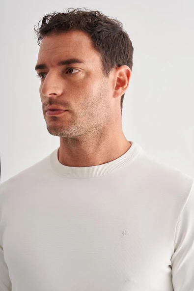 Ekru Uzun Kol Bisiklet Yaka Cepsiz  Slim Fit  Triko 1012255151 - Resim 6