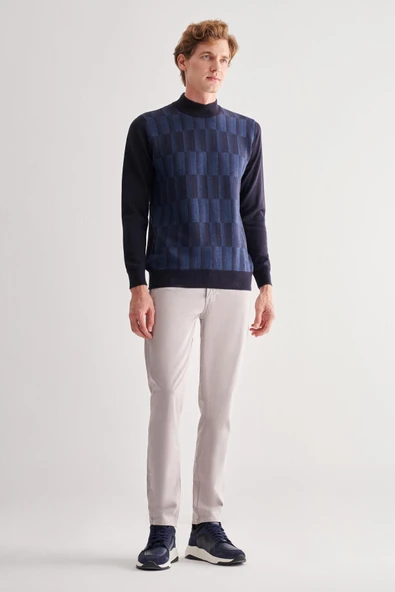 Koyu Lacivert Yarım Balıkçı Yaka Uzun Kol Cepsiz Comfort Fit Pamuklu Triko Kazak 1012255212 - Resim 2